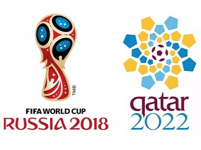 Эмблемы чемпионатов мира по футболу 2018 и 2022 годов. Фото: ru.wikipedia.org и blog.linksgroup.com