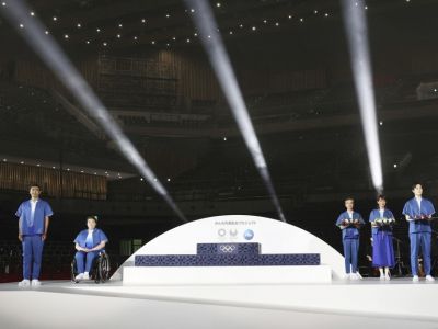 Презентация пьедестала Олимпийских игр-2021. Фото: t.me/golovnin_tokyo
