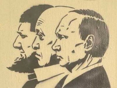 Кадыров, Пригожин, Путин. Граффити на мосту им. Кадырова в Санкт-Петербурге. Фото: SOTA